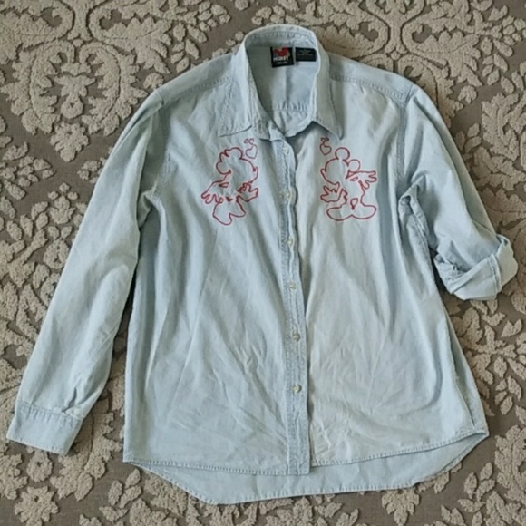 Vintage Mickey Unlimited denim chambray red sz M embroidered‎ button down shirt - Picture 7 of 8